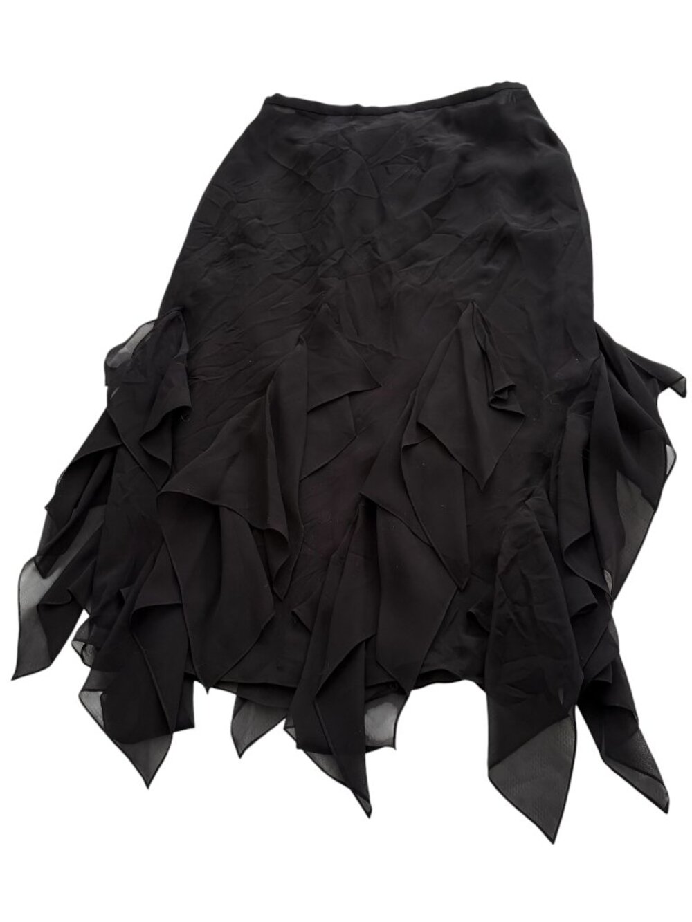 Vintage Y2K Tiered Ruffle Scarf Hem Skirt Sz 4 Black 100% Silk Vamp Whimsy Goth
